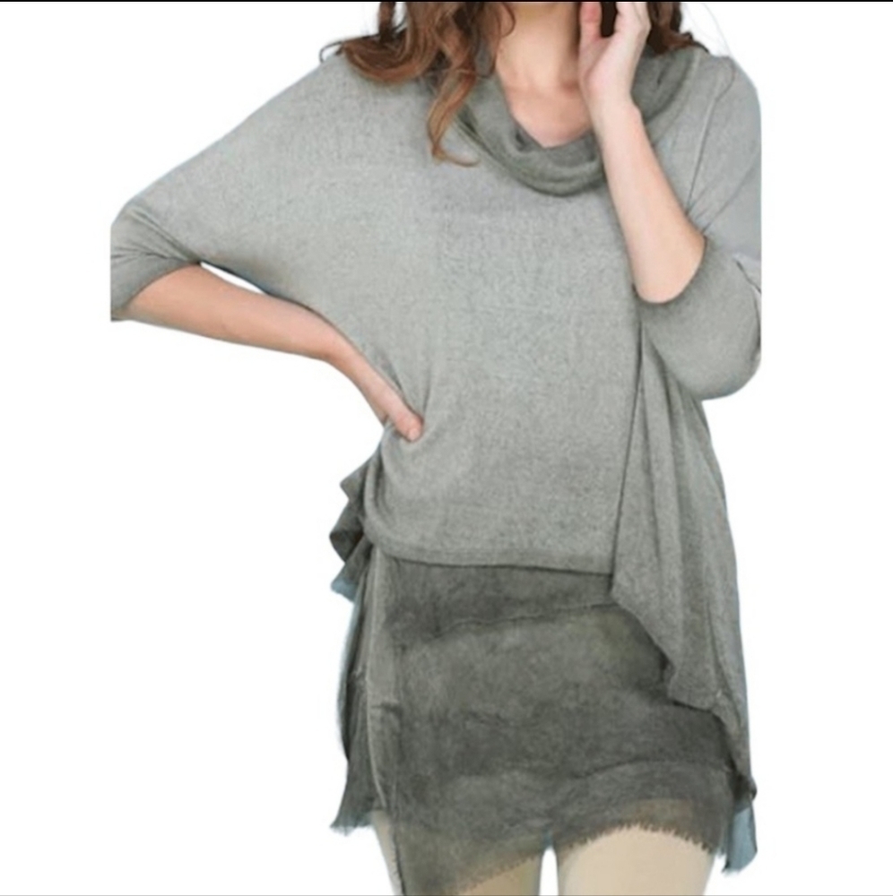 𝅺SCANDAL Boule Cowl Neck Knit Sweater Tunic Layered Chiffon Hem Grey